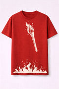 Red t-shirt with white flame design on a white background